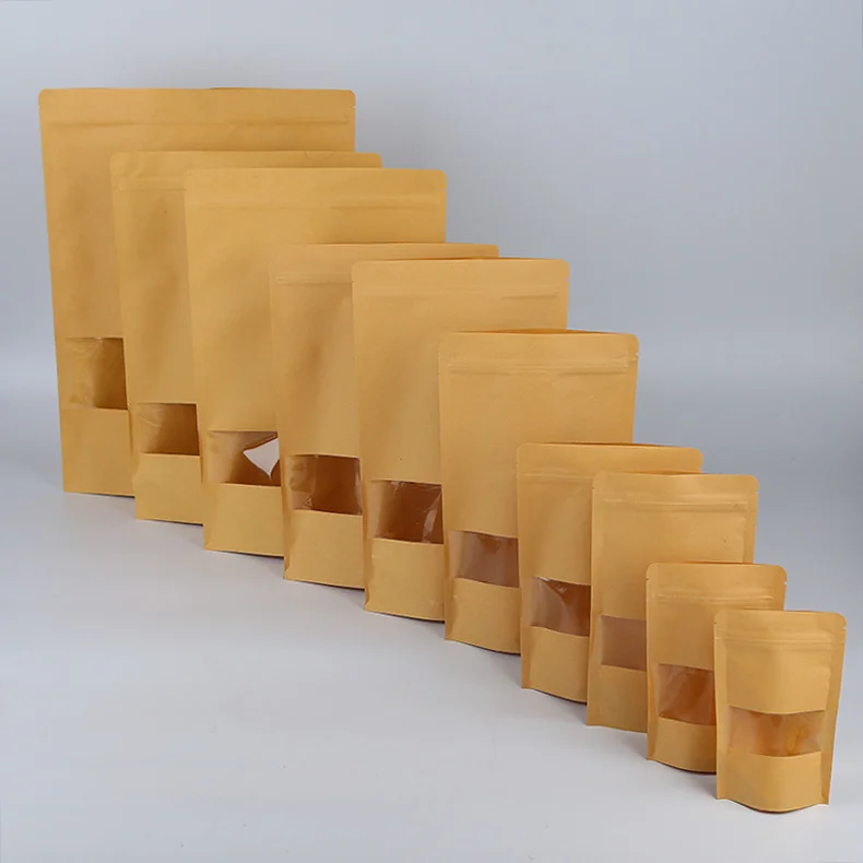 Kraft Paper Bag Stand up Pouch - Resealable Ziplock Window with Tear Notch - Heat Sealable Zip Lock Food Storage Bag