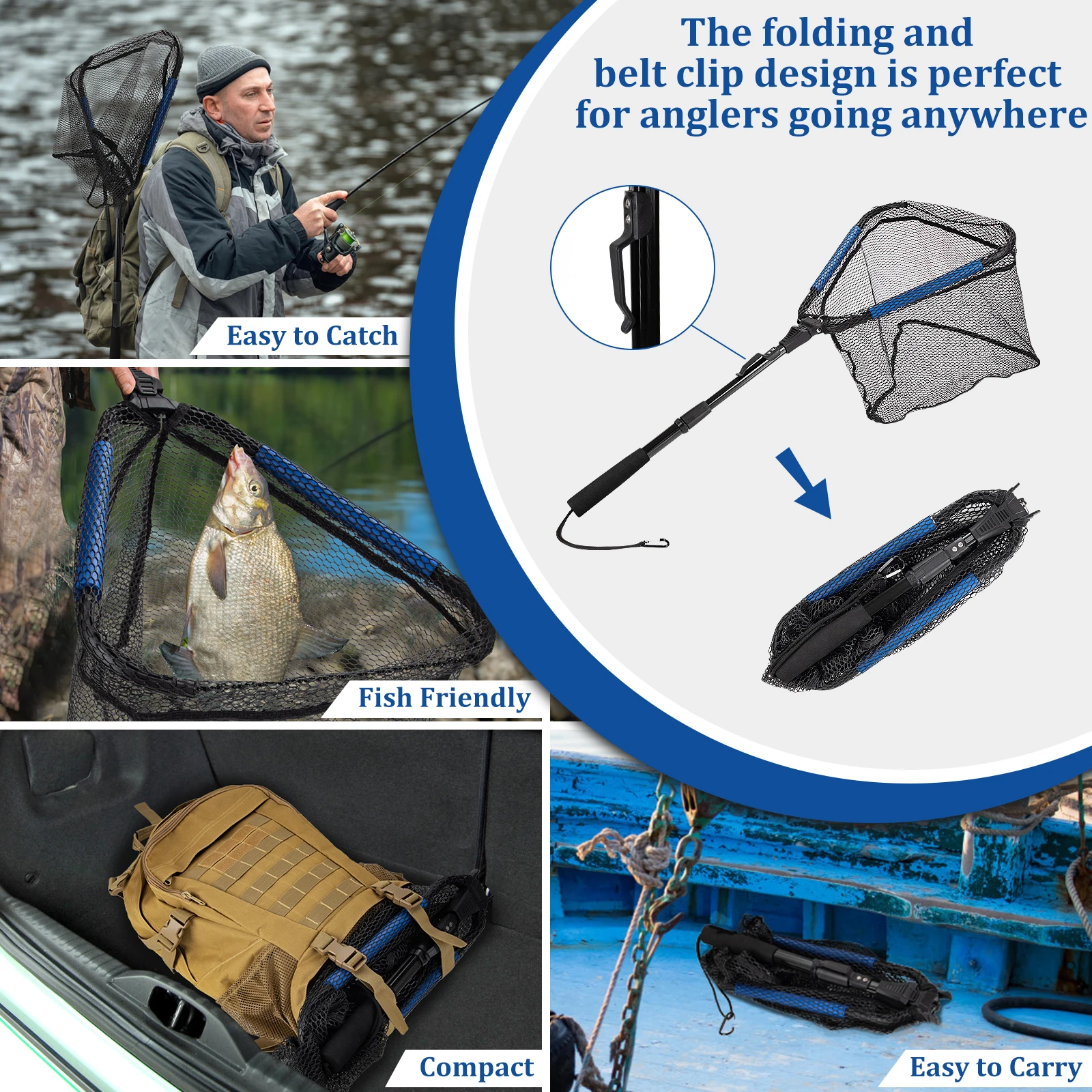 2022 Fish Catching Release Net Rubber Aluminum Frame Handle Held Fly Fishing Dip Landing nylon Net