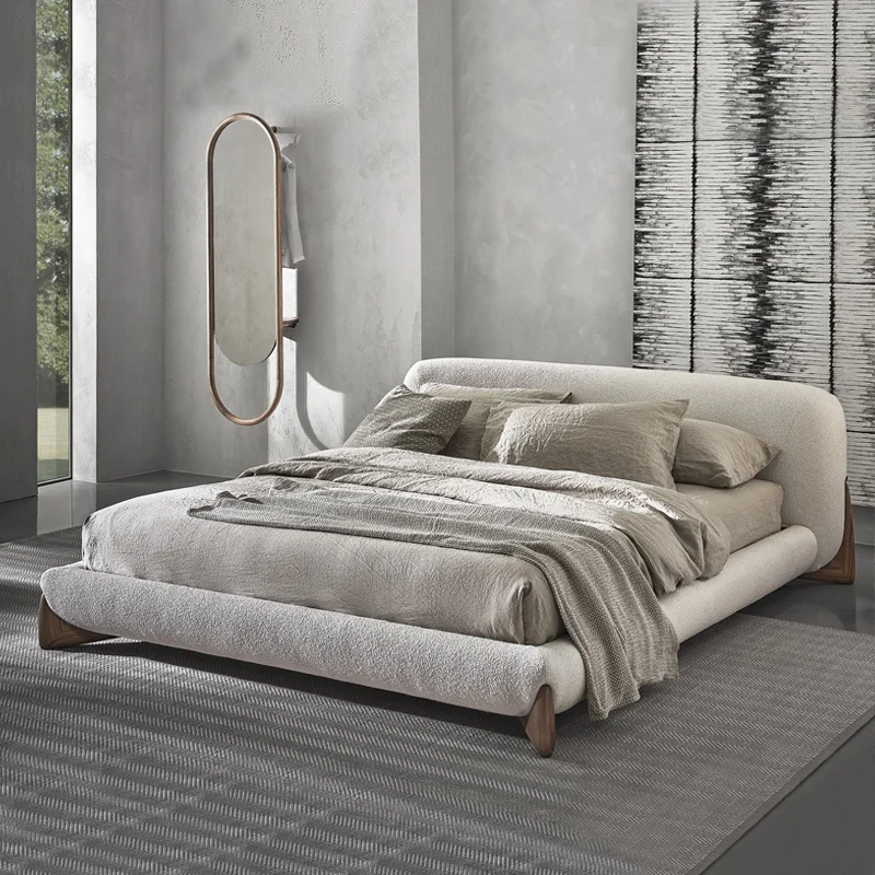 Factory Direct Sales Nordic Style solid wood Lamb Fabric Bed Bedroom Furniture Italian Luxury Modern King Size bed Set