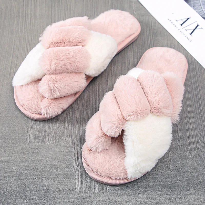 Cute Winter WarmShoes Non-Slip Animal Fluffy Furry Teddy Bear Plush House Slippers Girls Slippers Rainbow Color For Women