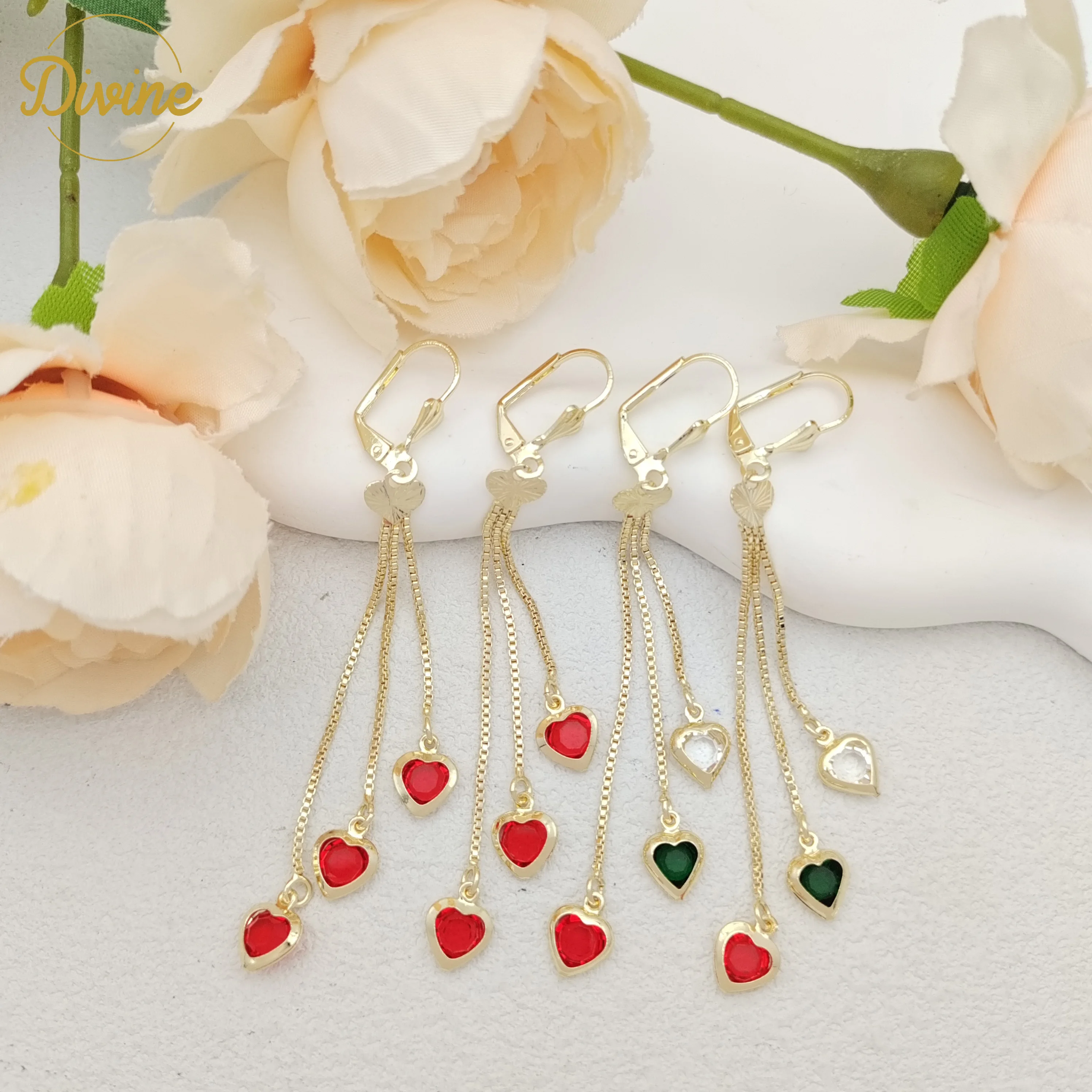 Wholesale Copper Love Heart Style Red Colorful Zircon Huggies 14k Gold Plated Hoop Long Earring Jewelry Accessories For Women