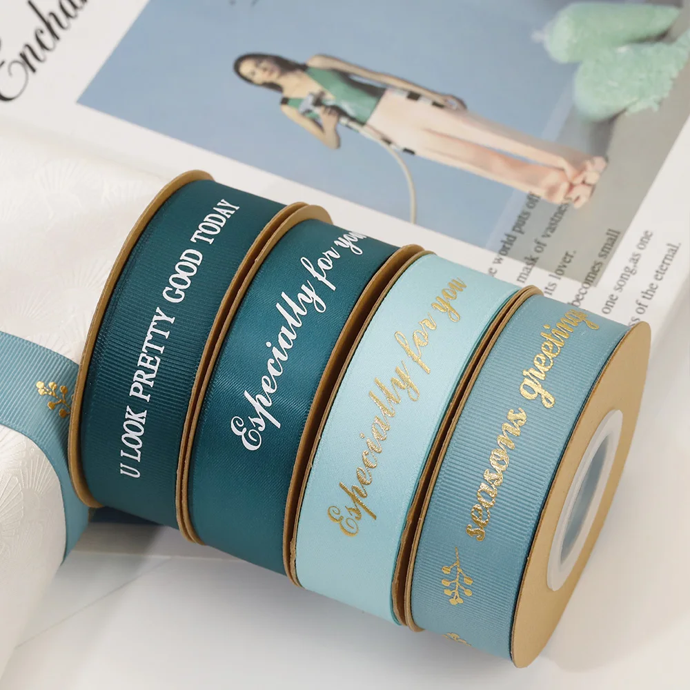 Custom Personalized Logo 3D Embossed Grosgrain Gold Foil Printed Polyester Ribbon Factory-Made Flower Wrapping Satin Ribbon
