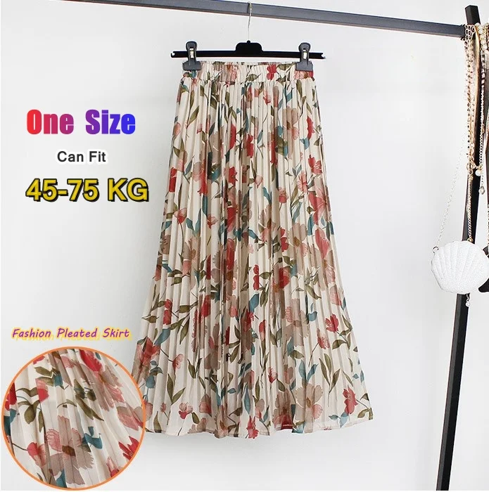 Pleated Floral Print Women Skirt High Waist Midi Summer Chiffon Dress New Lady Big Swing Lined Elegant Skirts