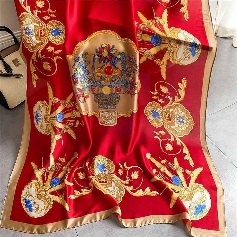 Wholesale 2022 Hot Sale Cheap Satin Scarf Long Silk Scarf Print Fashion New Vintage Soft Women Design Red Opp Bag OEM Plain