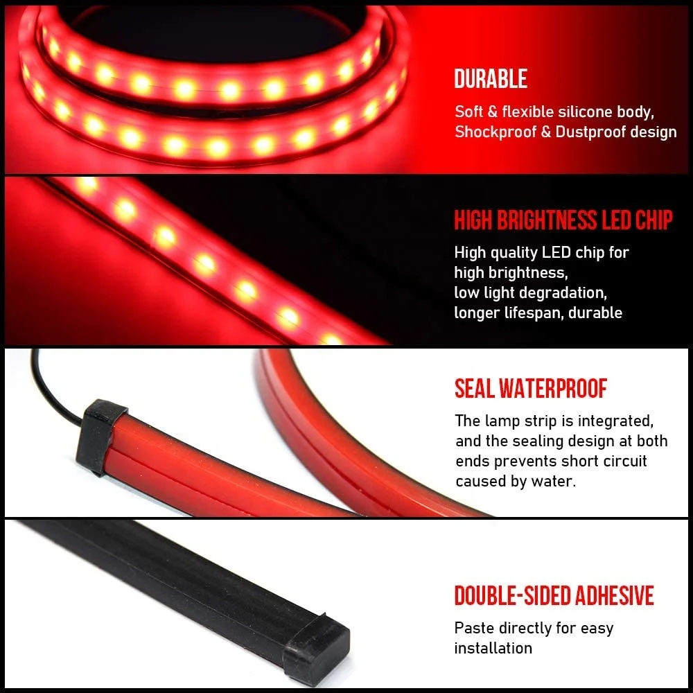 1M High Mount Rear Tail Brake Led Warning Strip Light Car Strobe Flashing Stop Lamp 12V Flexible Led Flow Red Color Running