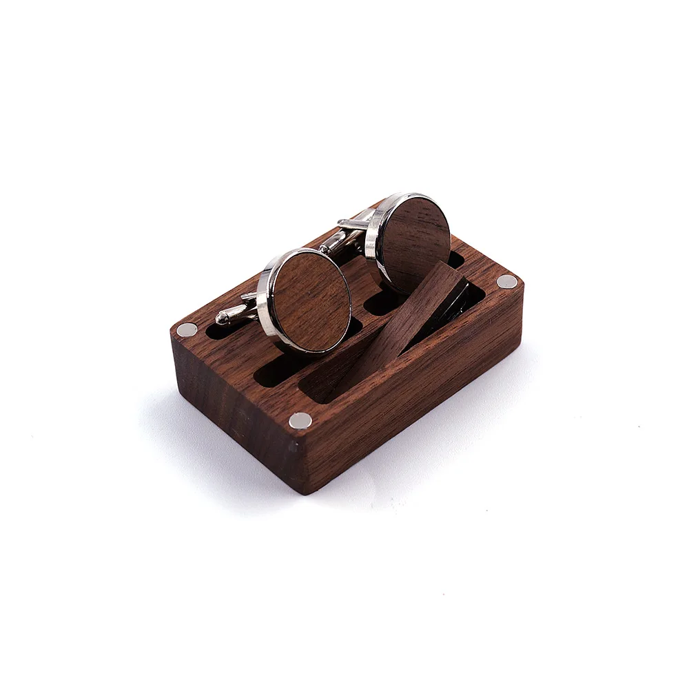 Custom Logo Rustic Walnut Wooden Round Cuff Links Tie Clip and Cufflink Sets With Organizer Box for Business Men Gift