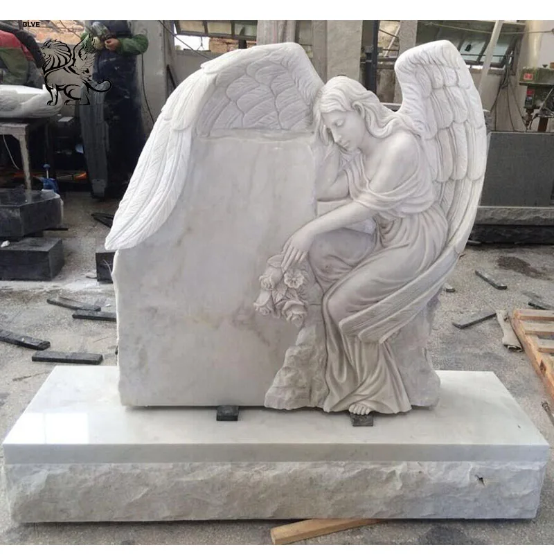 Hand Carving Natural Stone Cross Tombstone Classic Pure White Marble Crying Angel Statue Headstone For Sale