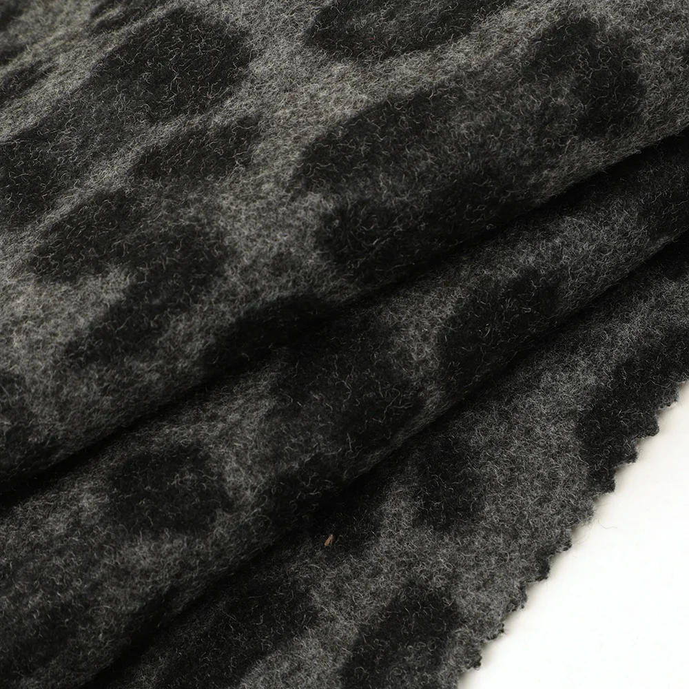 Latest design fashion black leopard printed soft velour TR brushed fabric for coat pants and jacket in winter
