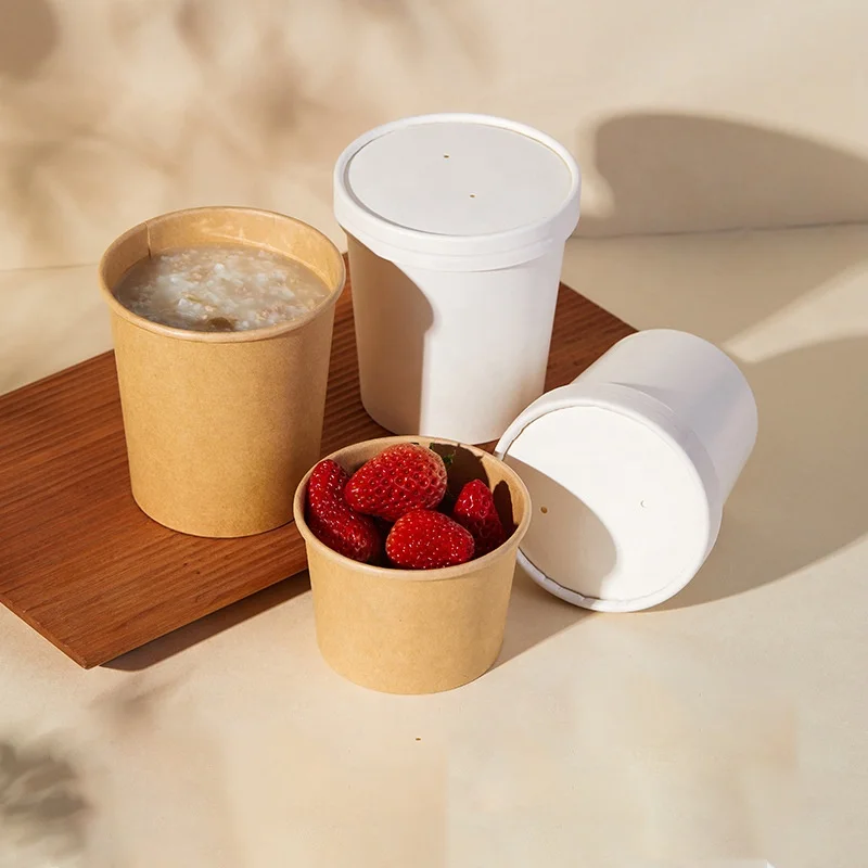 Food Grade Biodegradable Packaging Kraft Lid Rice Noddle Disposable Paper Soup Bowl With Lids