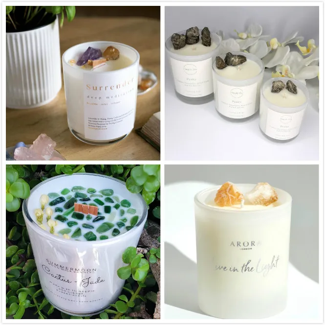 
Luxury Home Decoration Scented Soy Wax Candle Infused Crystal Stone Gemstones and Dry Flowers 