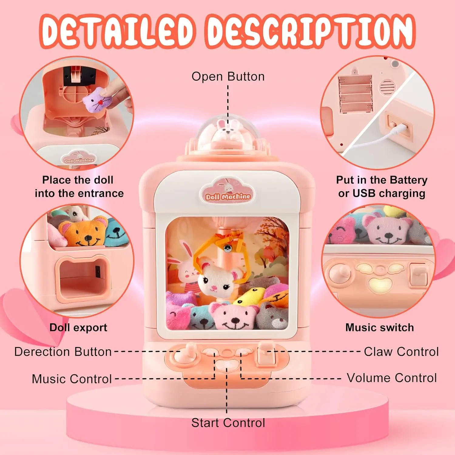 Arcade Claw Game Machine 10 Mini Plush Toys Music and Light Party Birthday Toys Gifts for Kids
