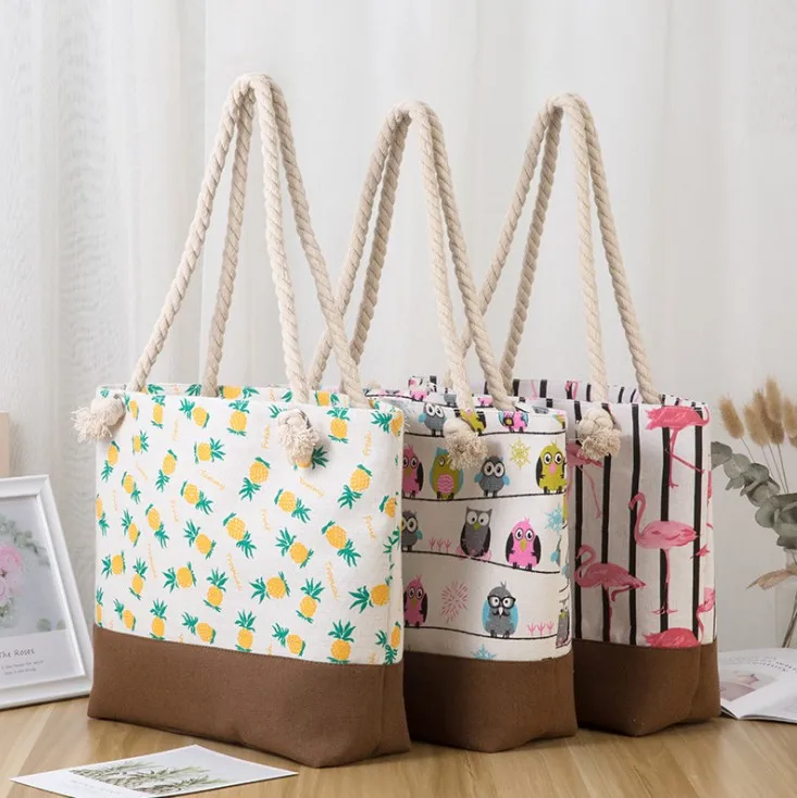 Wholesale Hemp Rope Splicing Printing  Pattern Canvas Bags Storage Bag Shoulder Tote  Portable  Beach Bag
