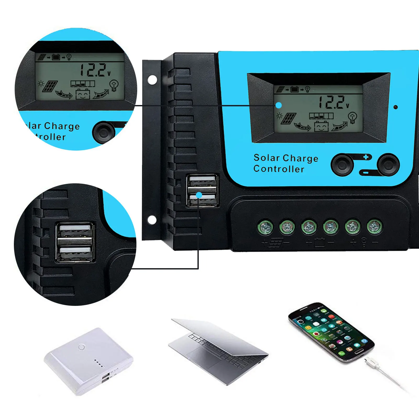 10A 20A 30A Solar Charge Controller 12V/24V/36V/48V PWM Solar Panel Charge Controller Intelligent Regulator with Adjustable LCD