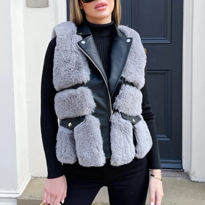 New Moto Biker Notched Women Vests Women Elegant Faux Fur Patchwork PU Leather Coats Women Zipper Slim Vests