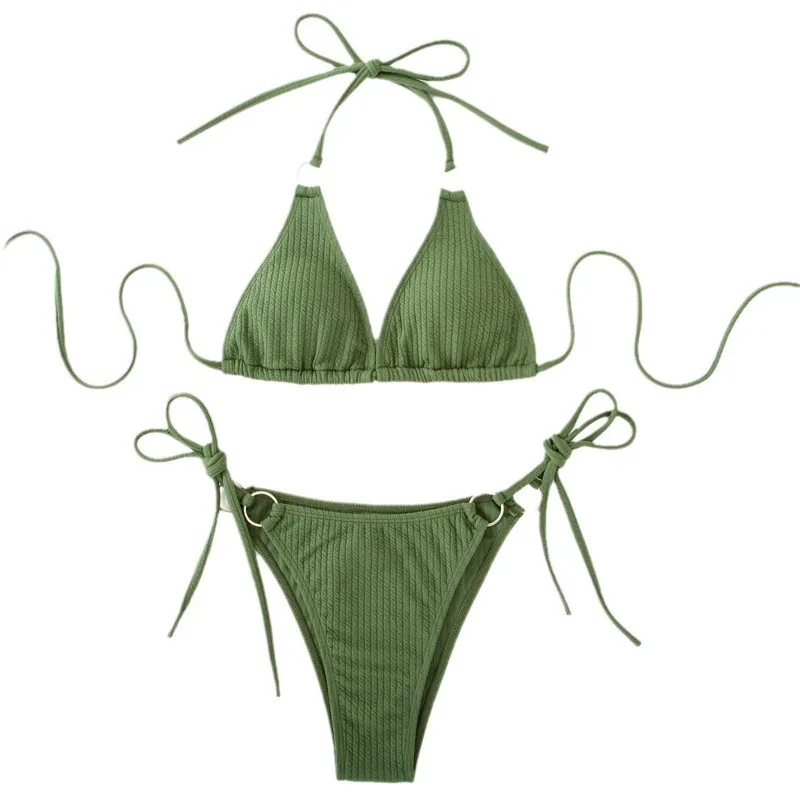 European American Style Sexy Solid Color 1 Piece Silk Bikini Beach Suit Quick Dry V-Neck Micro Sets With String Brazilian Bottom