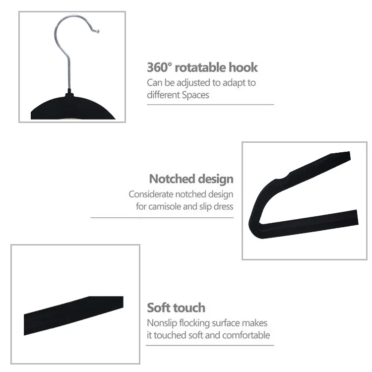 Wholesale Velvet Hangers Non-slip Durable Clothes Hangers With 360 Degree Rotatable Hook Black