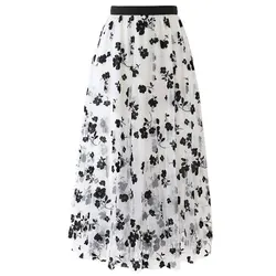 Elegant Casual Mesh Sexy Summer Maxi Sweet Latest Design Silky Winter Flowers Long Women High Waist A Line Elastic Tulle Skirt
