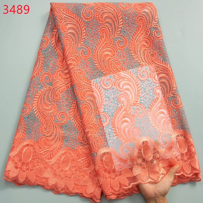 3489 African Tulle Lace Fabric 2023 High Quality 5Yards Nigeria Mesh Lace Fabric with Stones for Wedding Party Dresses