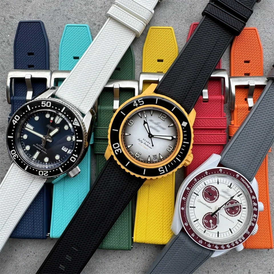 New Style Weaving pattern Fluorine Rubber Watch Band Sport Wristband Custom Black 20mm 22mm FKM Watch Strap