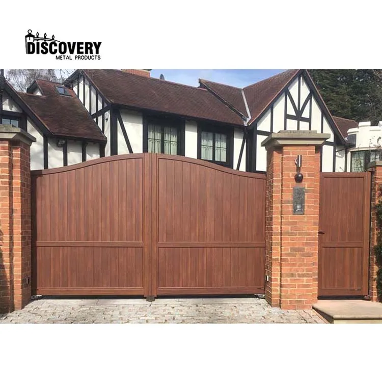 Factory customized waterproof wood grain appearance metal aluminum swing gate for driveway
