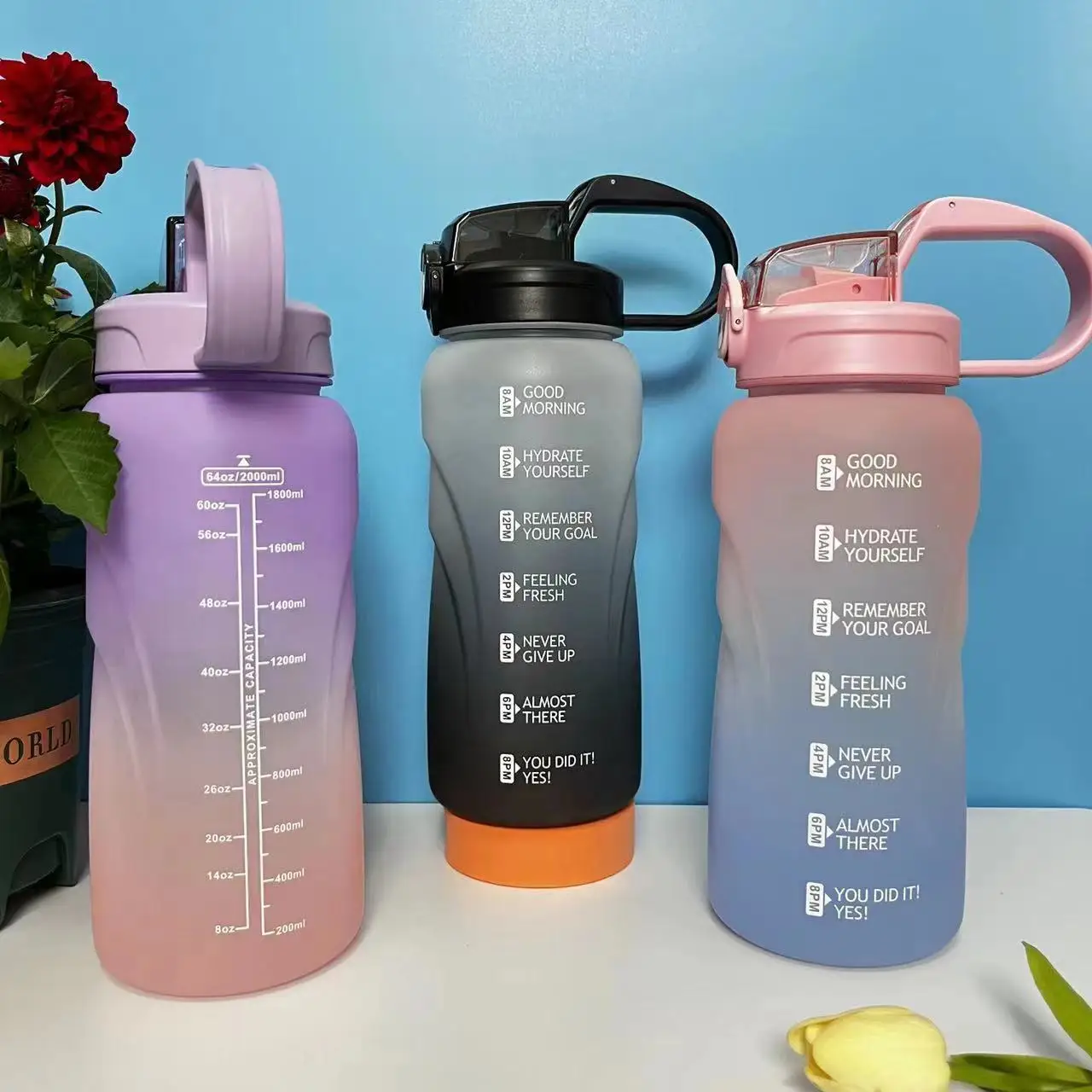 Outdoor One click flip top lid Gym Sport Gradient Multicolor Gallon Water Jug 2 Litre Plastic Bespoke Water Bottle with Handle