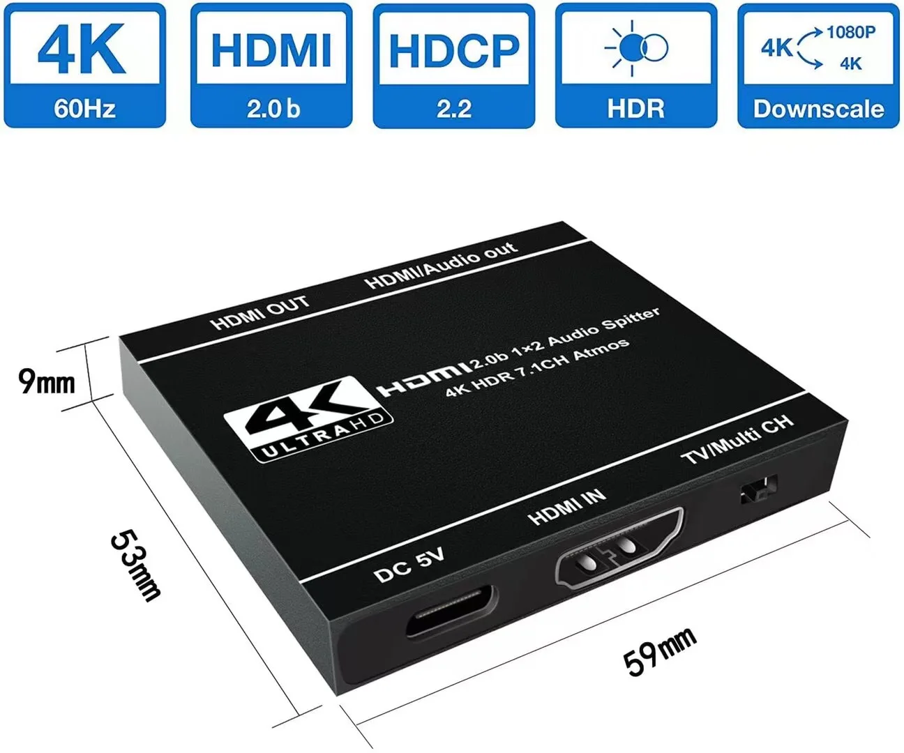 2 Mode HDMI Audio Splitter 1 in 2 Out, 1x2 HDMI 2.0b Splitter HDCP2.2 for Dual Monitors or Audio/HDMI Mixed Mode