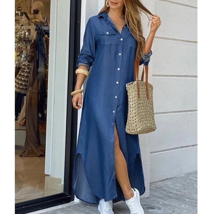 Women Denim Shirt Dresses Long Sleeve Distressed Jean Dress Button Down Casual Tunic Top