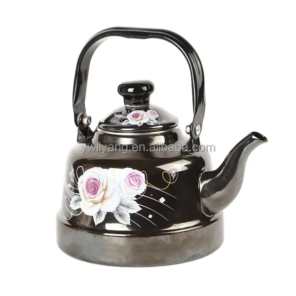 1.1L/1.7L/2.5L/3.3L/4.2L Black Enamel Kettle with Decal Flat Base Enameled Teapot
