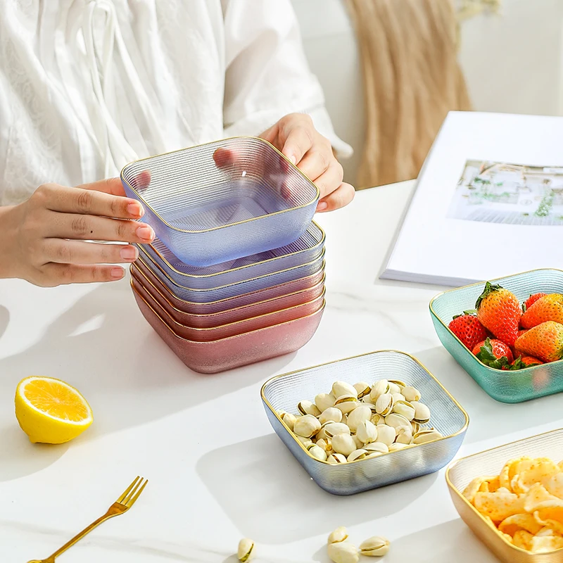 Wholesale home restaurant wedding party dessert fruit PS clear snack plate luxury gold rim plastic shallow square salad bowl