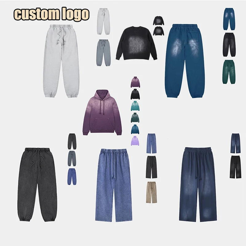 Custom 100% cotton unisex gradient horse chestnut washed vintage logn Sleeves Pocket hoodies and sweat pants set