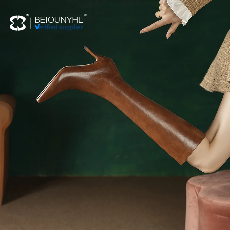 brown Cowhide Korean stiletto genuine leather slimming boots for women, cusp and height slimming not over the knee long boots