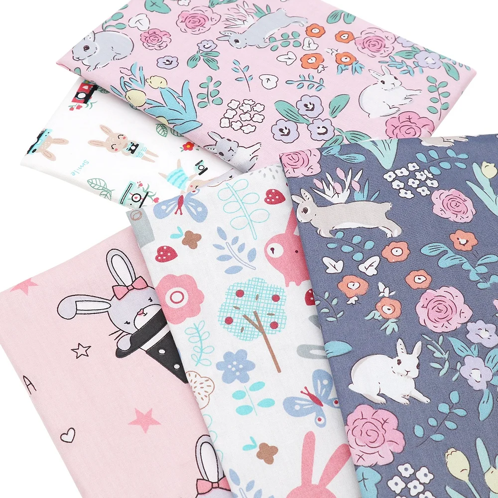 Animal Cartoon Series Printed Bunny Rabbit Rose Tulip Floral Twill Quilting Cotton Fabric For DIY Sewing Quilting