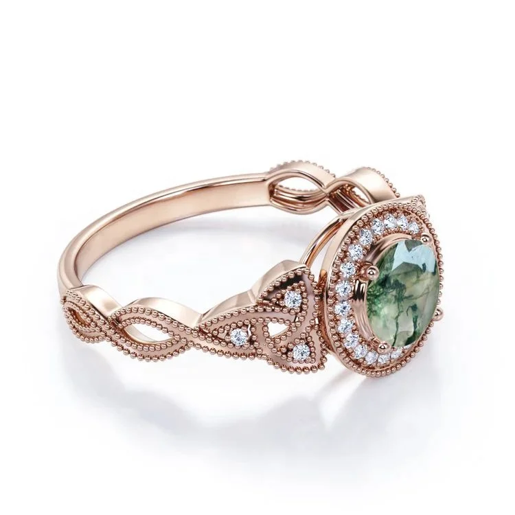 Floral Rope Design Moss Green Agate Ring 925 Sterling Silver Natural Stone Jewelry