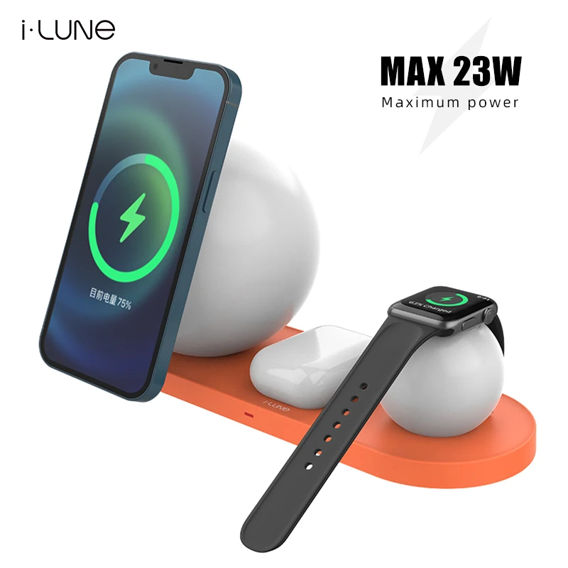 2022 Новое поступление Лидер продаж LUNE реальная magsafing 3in1 23 Вт светодиодные QI Беспроводное зарядное устройство-подставка и настроение