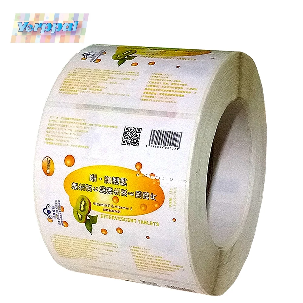 
CMYK Custom Printing Adhesive Label for Packing Bottle of Vitamin C Effervescent Tablet Medical Sticker 