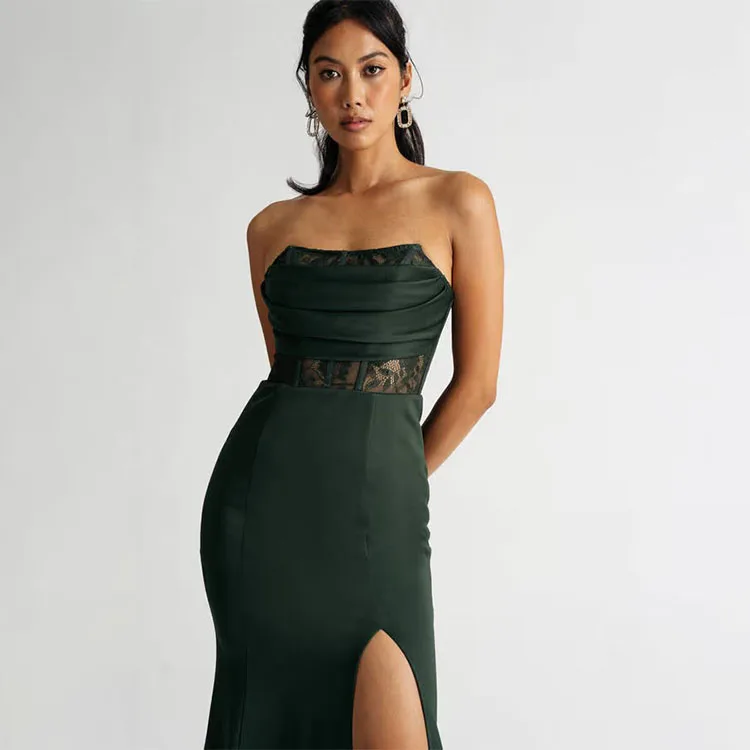 New fashion strapless lace satin slit plus size maxi dresses prom emerald green long gown evening dress