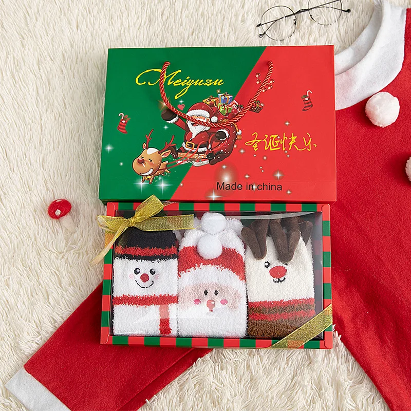 KTS199 OEM Custom Design Gift Box Family 3D Coral Velvet Socks For Men Women Parent-Child  Plush Floor Tube Christmas Socks