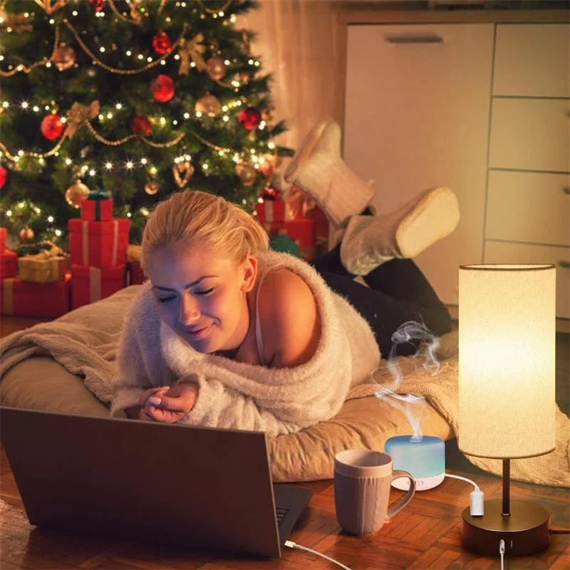 Nordic hotel modern bedside home decor rechargeable fabric shade modern light led table lamp with study desk wireless charge