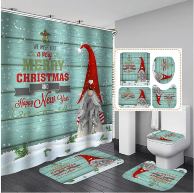 2022 Hot Christmas Waterproof Custom Limited Bathroom Shower Curtain Set With Mats