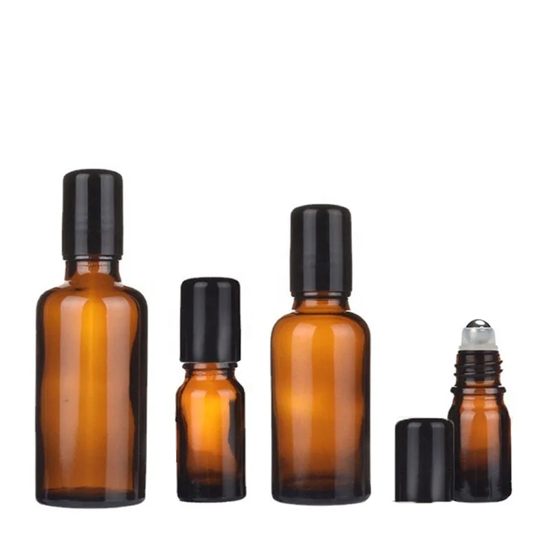 Factory Price 15ml 30ml 50ml Amber Glass Essential Oil Bottles Empty Perfume Serum Roll On Bottle Black Cap (NRB06)