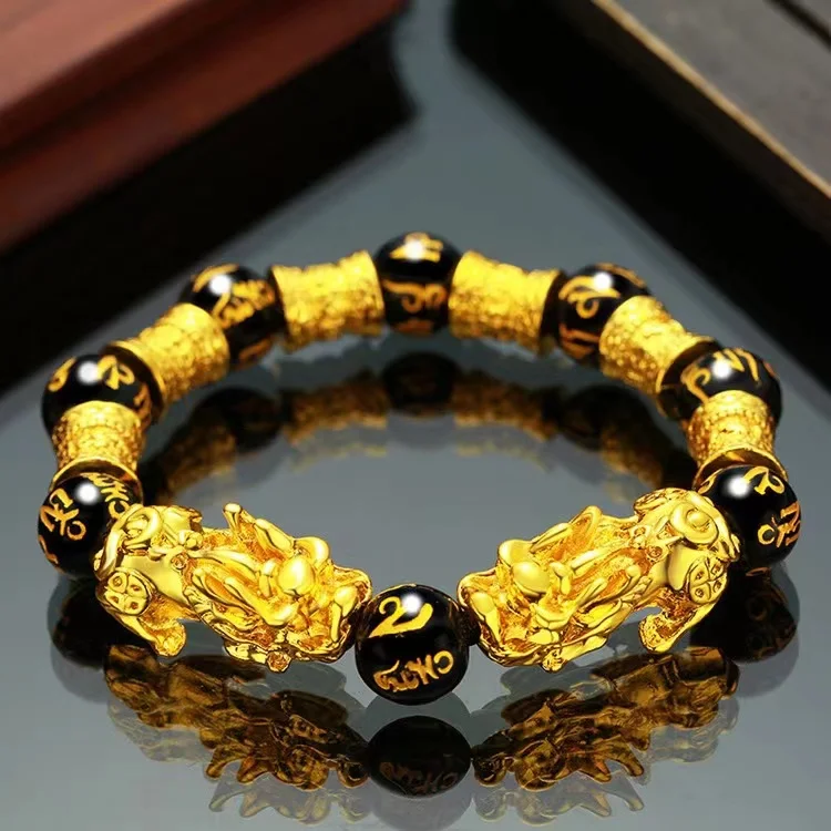 Sand Gold Pixiu Bracelet  Gold Obsidian Six Character Mantra Buddha Bead Bracelet