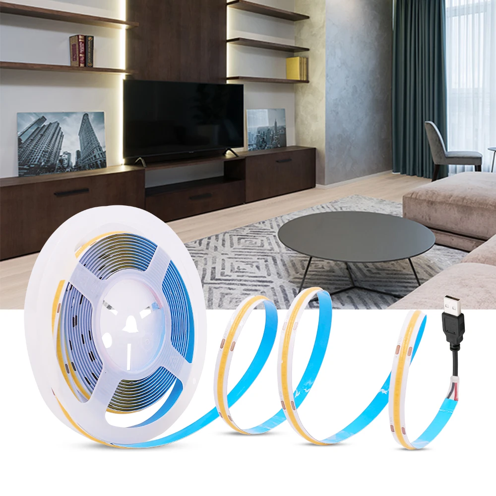 5V LED COB Stripe Light USB Battery Powered 320LED/m High Density Linear Linghting Flexible Tape Strips White Blue Green Red