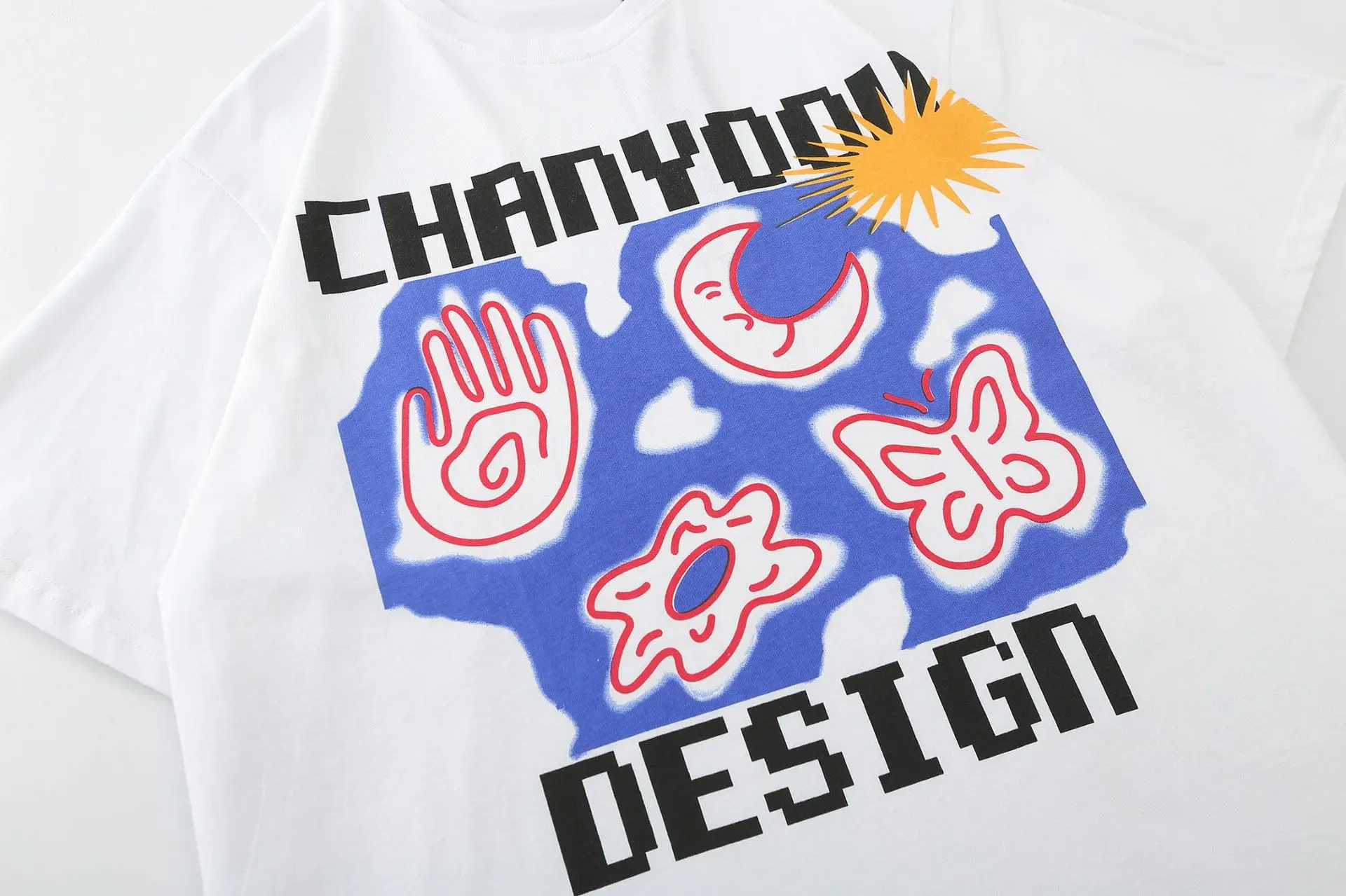 Summer Short-sleeved  Fold Round Neck Clothes Mercerized Cotton T-shirt Simple T-shirts Bright Blue T-shirt