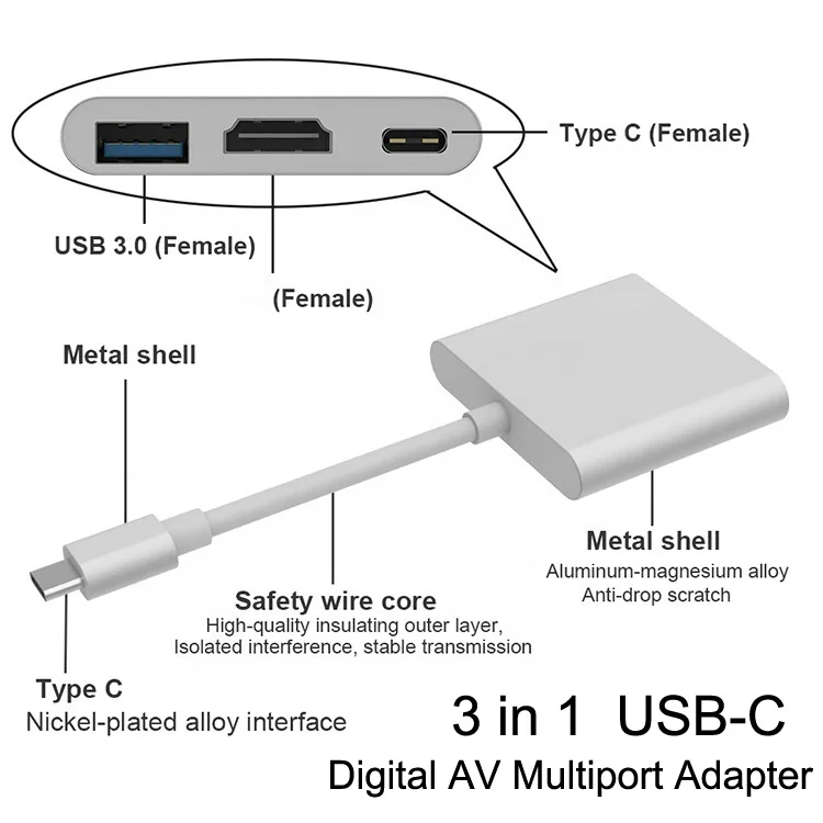  Первоклассная поддержка 4K 30 Гц 3 в 1 многопортовый USB типа C для HD-MI конвертер адаптер