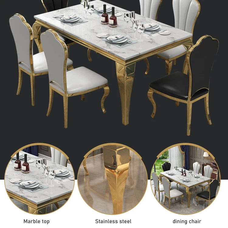 Dining room furniture gold stainless steel leg marble dining table and chair set for home hotel restaurant