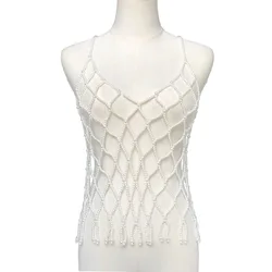 Wholesale Elegant Body Jewelry Bra Halter Jewelry White Black Pearl Tops Summer Bikini Sexy Body Chain Hollow Out Vest Blouse