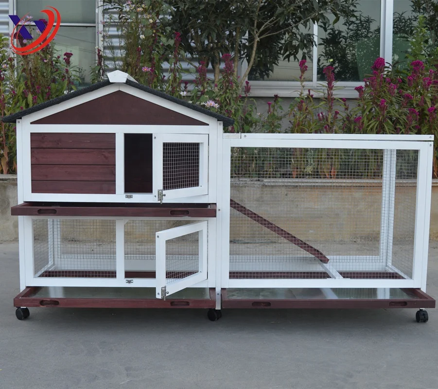 Maroon&White Wooden Rabbit House with Wheels and 3 Trays