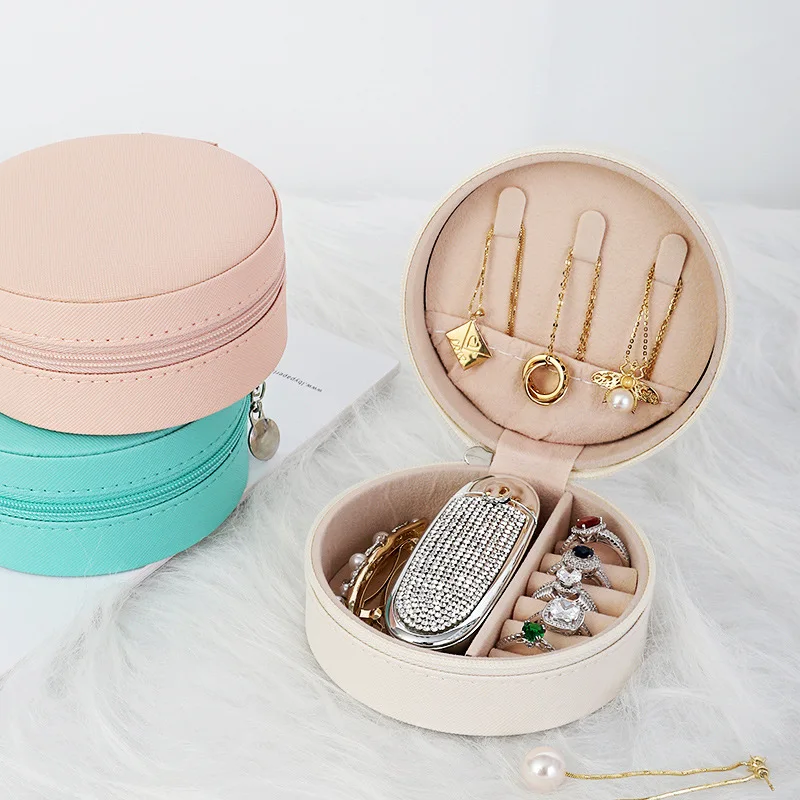 Macaron color round zipper pu leather jewelry organizer necklace earring small pu leather box pocket case custom jewelry box