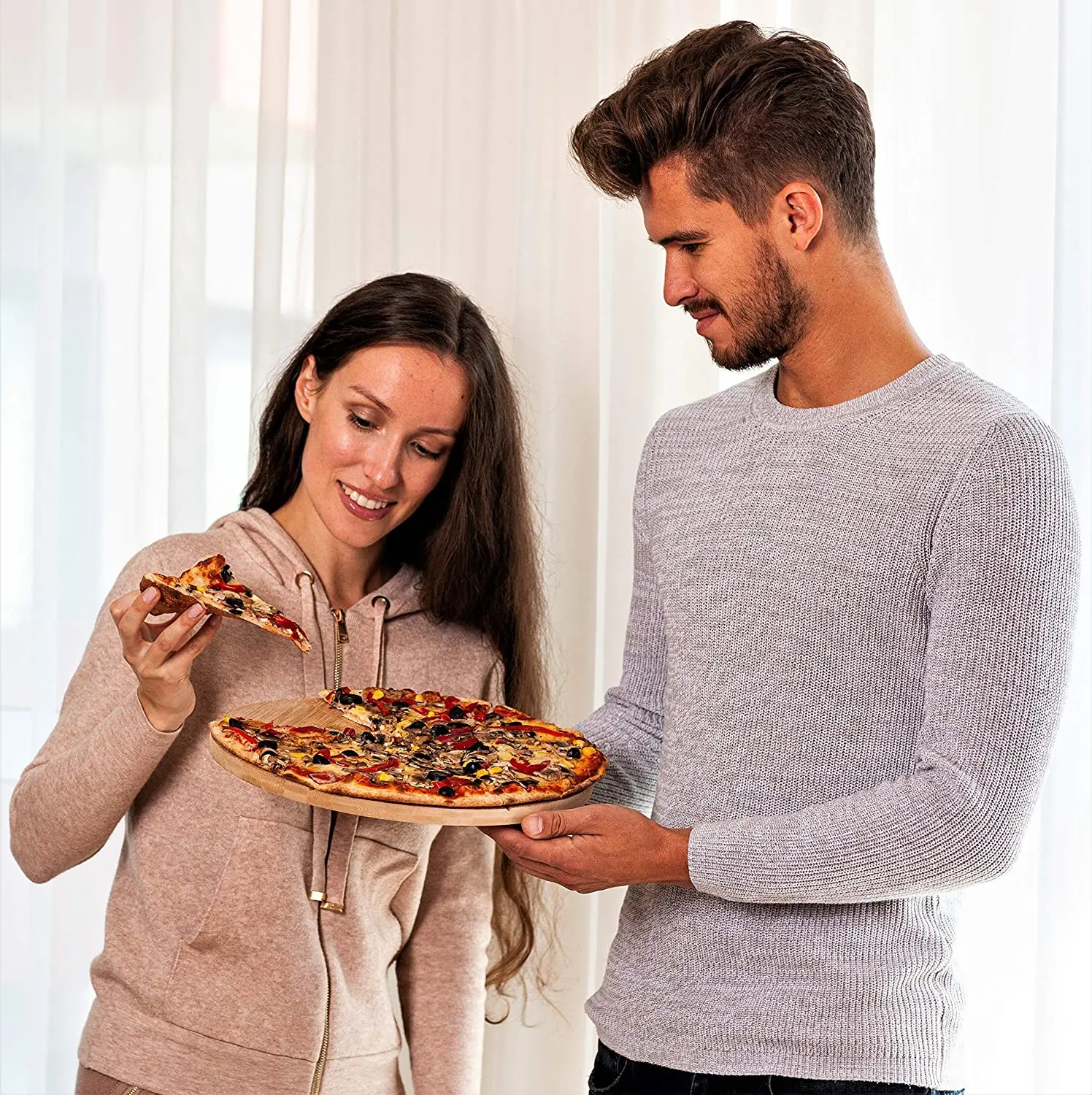 Double-Sided Wooden Cutting Board with Cutter Bamboo Pizza Board
