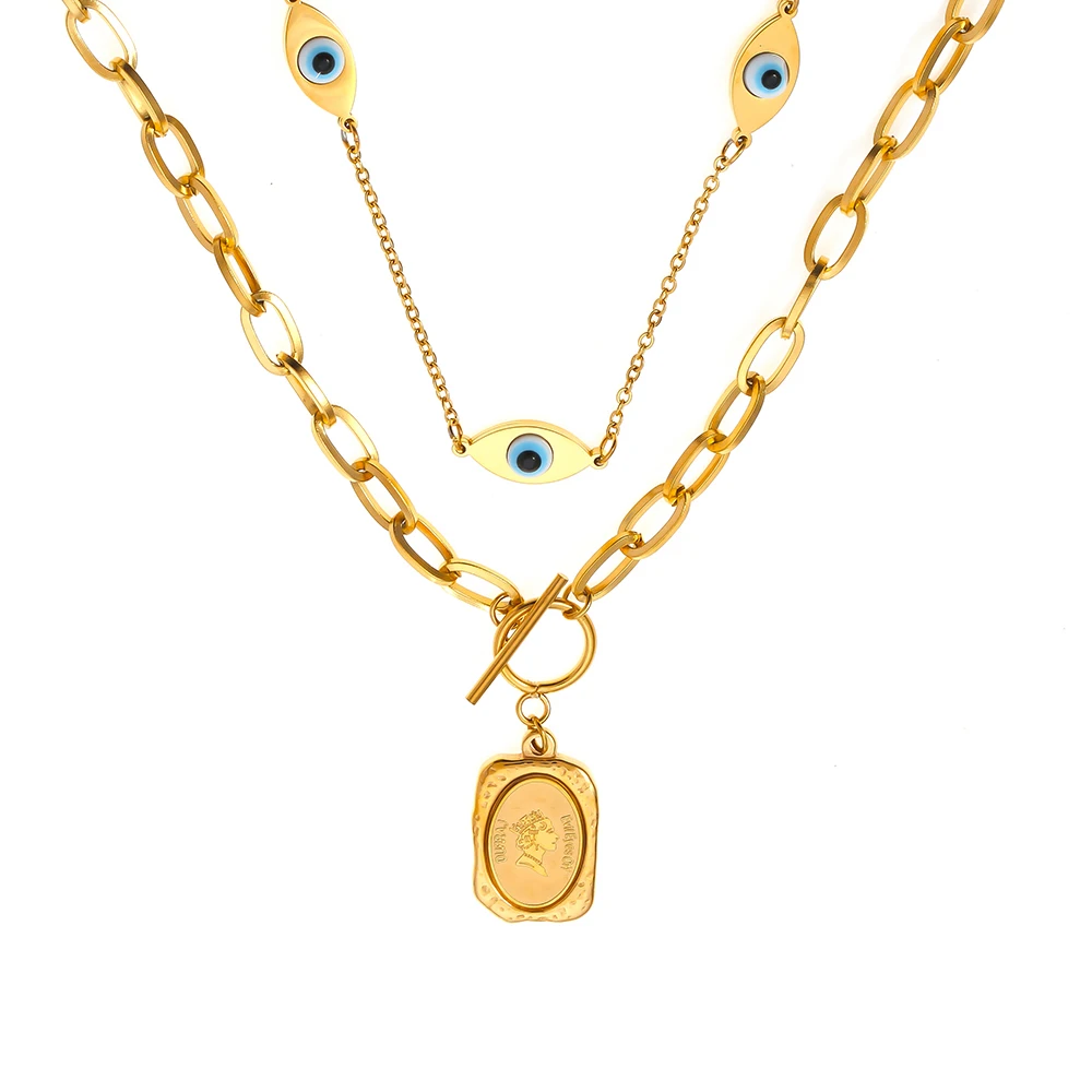 Stylish personality OT button texture square brand jewelry dripping oil eye pendant titanium steel double layer wear necklace